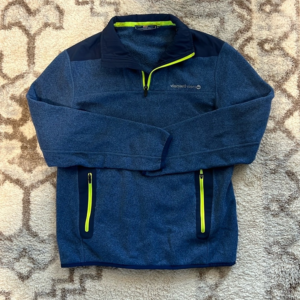 Vineyard Vines Performance Pullover Small Mens 1/4 zip Fleece Sweater Blue/Neon